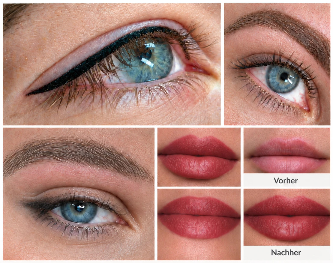 Permanent Make-up: Lidstrich, Augenbrauen und Lippen, vorher und nachher